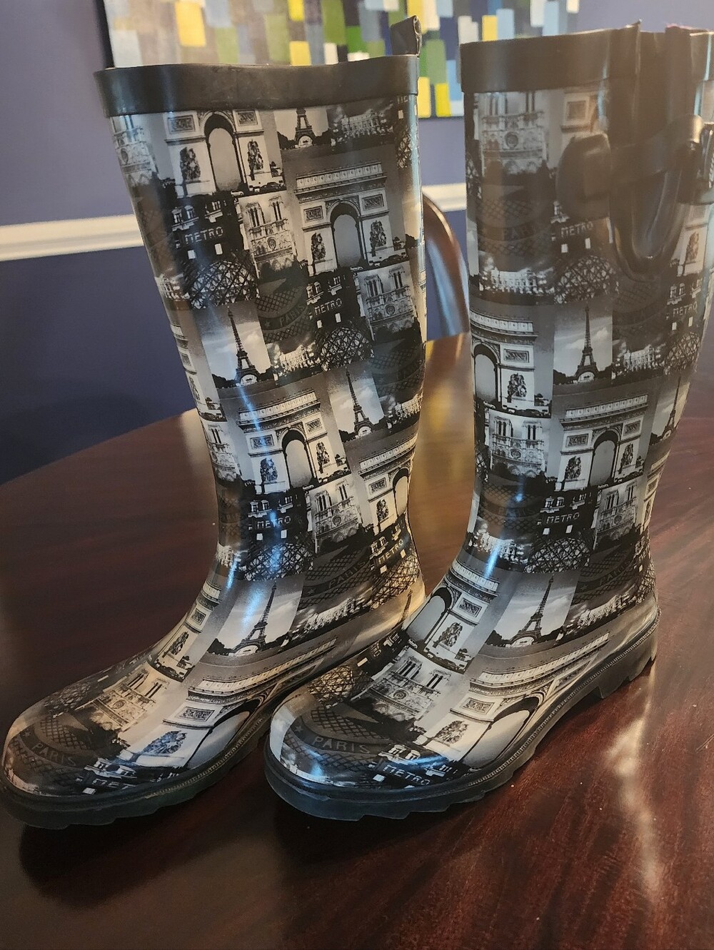 CAPELLI Paris Landmark Black & White Rain Boots, Sz 8